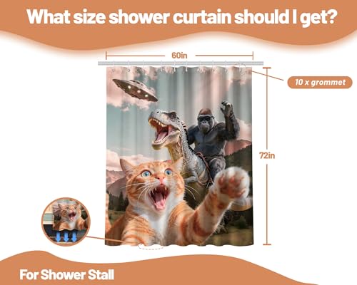 Image of Fun Cat Shower Curtain Cool Dinosaur Monkey, 60x72 Inchs | Funny Animals Design, Novelty Gorilla Pattern Theme, Kids Bathroom Decor Sets, Waterproof Cloth Fabric, with Hooks
