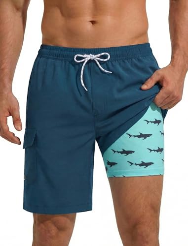 SILKWORLD Men's Swim Trunks Compression Lined Swim Shorts 2 in 1 Bathing Suits with Cargo Pockets Aqua Blue Fish S
