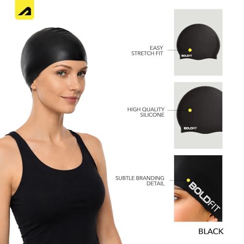 Image of Boldfit Swimming Cap for Women Silicone Long Swimming Caps for Women Swim Cap for Girls with Long Hair Swim Cap for Women Long Hair for Dry Hair Swimming Head Cap for Long Hair Easy Fit - Black