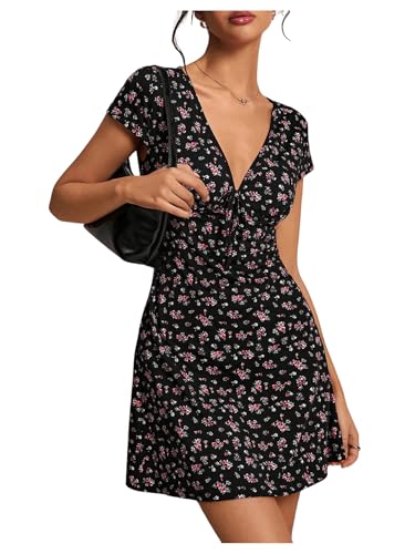 GORGLITTER Women's Floral V Neck Short Sleeve Mini Dress A Line Flared Flowy Beach Vacation Dresses Black Large