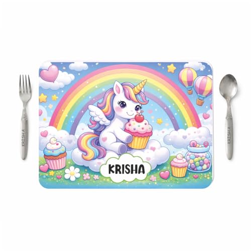 Image of Customized Table Mat with Name & Design Engraving | Personalized Dining Mat with Spoon & Fork | Customized Birthday Gift for Kids (Unicorn)