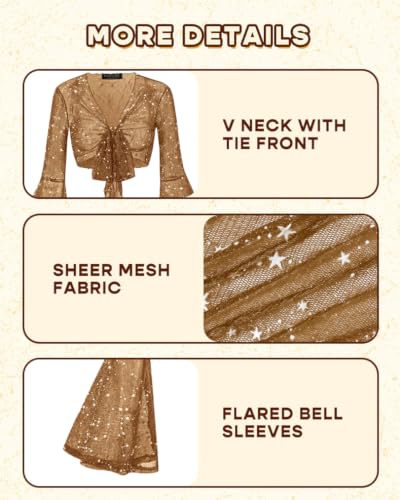 Image of Women Tie Front Bell Sleeve Rave Crop Tops Floral Print Hippie Mesh Sheer Shirt