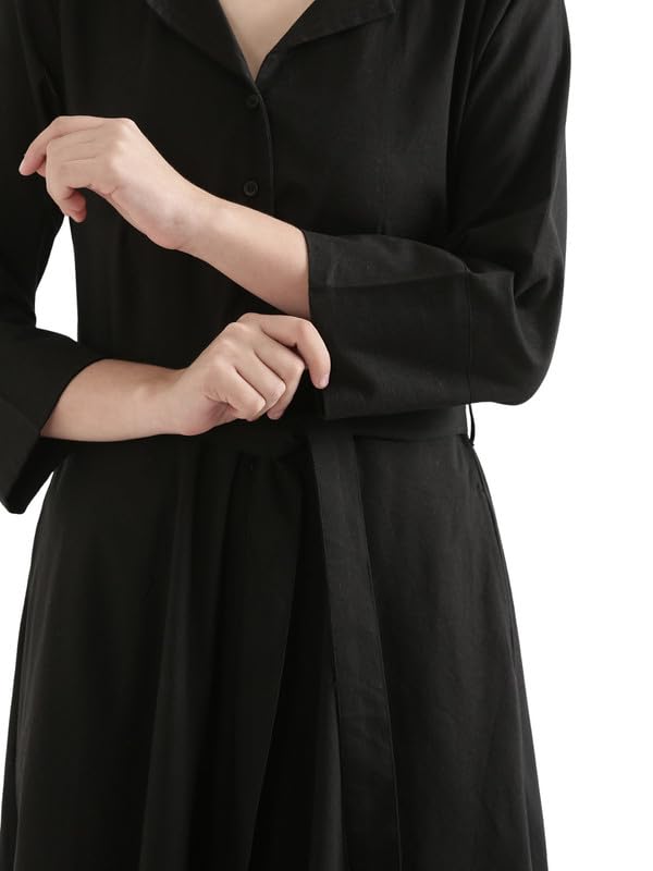 Image of SAADAA Women Cotton-Linen Blend Flared Dress | Midi Dress with 3 /4 Sleeves, Adjustable Waist Belt & Pockets | Below Knee Casual Dress for Office, Travel & Everyday Wear