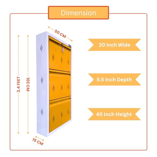Image of 20 Inch Wall Mounted Metal Shoe Rack With Doors, Slim Space Saving Shoe Storage with Central Lock for Modern Home (Glossy Amber, 3 Door)