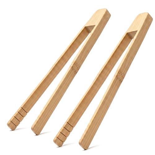 JJUNW 2pcs Wooden Tongs, 9.8in Long Bamboo Toaster Tongs Anti-slip Design