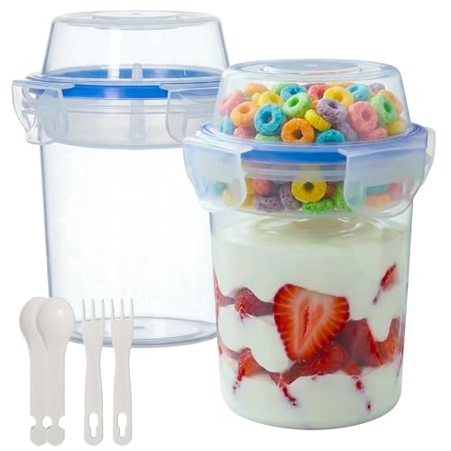 Image of Basicwise 480ml Airtight Cereal Storage Container with Separate Topping Cup Leak-Resistant Clip-Lock Lid Stackable Snack & Yogurt Cup for On-the-Go Breakfast Travel School Office & Daily Use, Set of 2