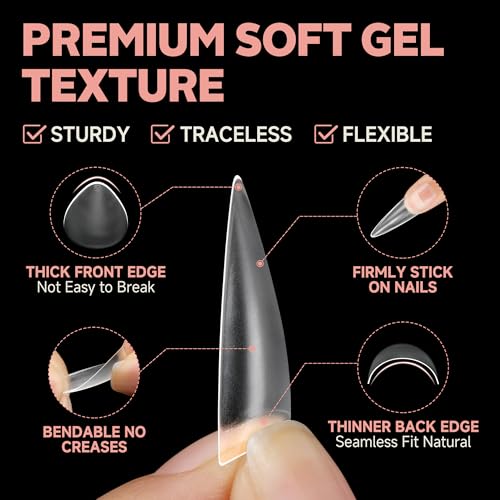 Image of UNA GELLA Clear Stiletto Nails Tips Half Cover Stiletto Gel Nail Tips 216pcs Almond Shape False Acrylic Nail Tips for Faster Gel Nail Extension DIY Art Salon Press On Nails 12 Sizes