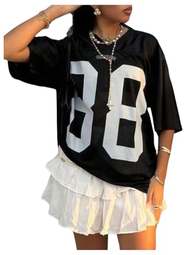 COZYEASE Women's Plus Size Jersey Shirt Number Graphic V Neck Half Sleeve Loose T Shirt Streetwear