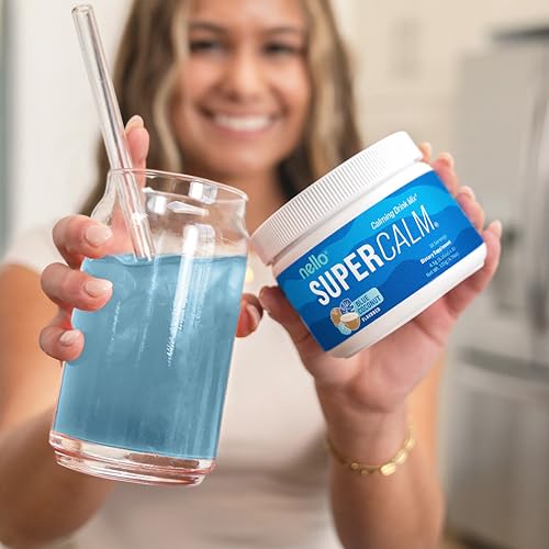 Image of Nello Supercalm Powdered Drink Mix Tub, Cortisol Reducer* and Sleep Aid Supplement, L Theanine, Ksm-66 Ashwagandha, Magnesium Glycinate, Vitamin D 3, No Sugar, Non GMO, On The Go, 30 Ct, Blue Coconut