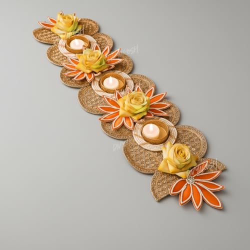 Image of Divyakosh Traditional Lotus Design Table Runner with Led Tea Light, Yellow and Gold Floral Pattern, 22 Inch