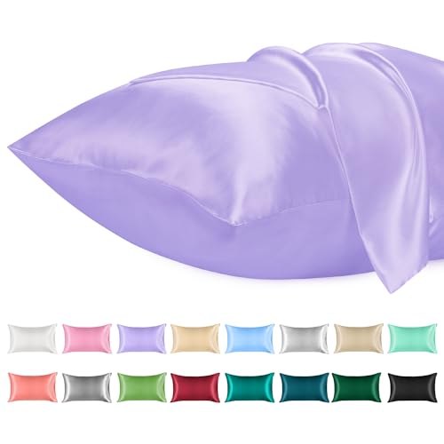Lirex 2 Pack Satin Pillow Cases, Soft Solid Color Microfiber Satin Pillowcase, Envelope Closure Wrinkle Free Fade Resistant Breathable (Light Purple, 50x75cm)