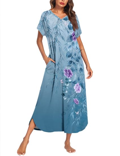 Image of Ekouaer Long Nightgown Women's Loungewear Short Sleeve Sleepwear Full Length Sleep Shirt with Pockets