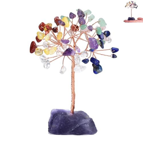 Amethyst Crystal Tree, Healing Stones, Reiki Natural Crystals, Copper Wire Tree, Spiritual Meditation Energy Decor, Gift for Women, Men (Colored Crystal Tree, Number of Branches 7 Branches)