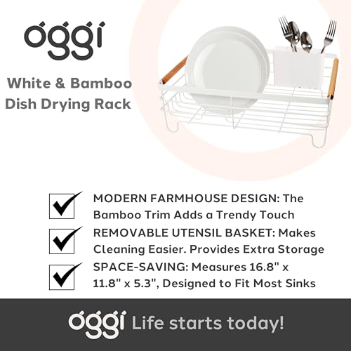 Oggi Large Dish Drying Rack - White & Bamboo Dish Drying Rack, Drying Rack Kitchen, Dish Rack, Dish Racks for Kitchen Counter, Durable Coated Metal Kitchen Drying Rack with Cutlery Holder by Oggi - Image 7