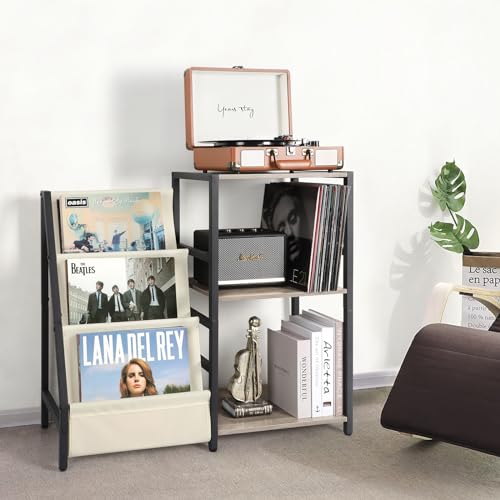 Bikoney Record Player Stand, Turntable Stand with 3-Tier Vinyl Record Storage, Record Player Table Up to 200 Albums, End Table for Vinyl Records, Vinyl Record Holder Cabinet for Living Room White