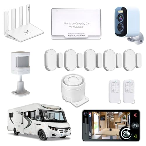 Alarme de Camping Car + Routeur WiFi 6 4G/5G + 1 Camèra de Surveillance 24h/24h – sans abonnement 2 Sirènes 125 DB - 5 Détecteurs d'ouvertures - 1...