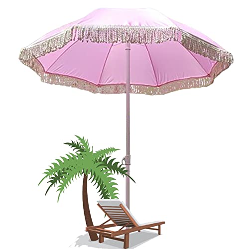 Sombrilla para patio con borlas rosas estilo vintage de 1.8 metros con eje reclinable