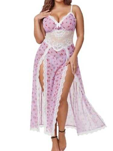 Image of Alrovetoney Plus Size Lingerie For Women Babydoll Sexy Mesh Maxi Nightdress Exotic Sleepwear Side Slits