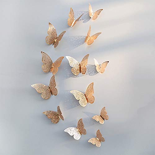 Wall Stickers - 12pcs/set Rose gold 3D Hollow Butterfly Wall Sticker for Home Decor Butterflies stickers Room Decoration for Party Wedding Decor (Champagne gold B)