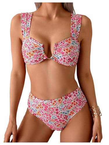 SOLY HUX Women's Floral Print Swimsuit V Wire High Waisted Bikini Set Two Piece Bathing Suit