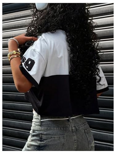 Women's Number Letter Print Jersey Shirt Color Block Short Sleeve Drop Shoulder Y2K Crop Tops2