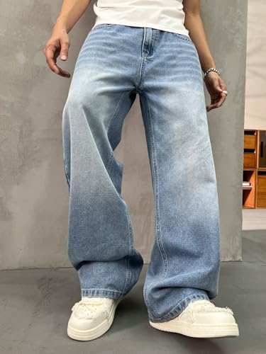 Image of Lymio Jeans for Men | Loose Fit Baggy Denim Pants | Mens Stylish Light Blue Wide Leg Vintage Washed Trousers | Casual Button Front Classic Pocket Styling Comfortable Streetwear Pant (LU-76-77)