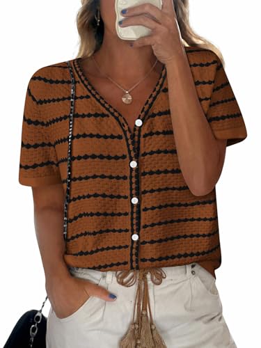 Image of NALANISA Women's Short Sleeve Sweater Spring Summer Crochet Knit Tops 2026 V Neck Striped Button Down Dressy Casual Blouses