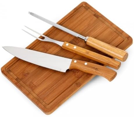 Kit para Churrasco 4 Peças, Faca, Garfo 26cm, Chaira, Tábua de Ba...