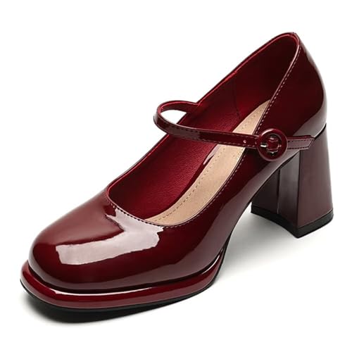 INEELUYI Women's Square Toe Mary Jane Pumps Comfortable Chunky Low Heel Pumps Retro Dress Pumps