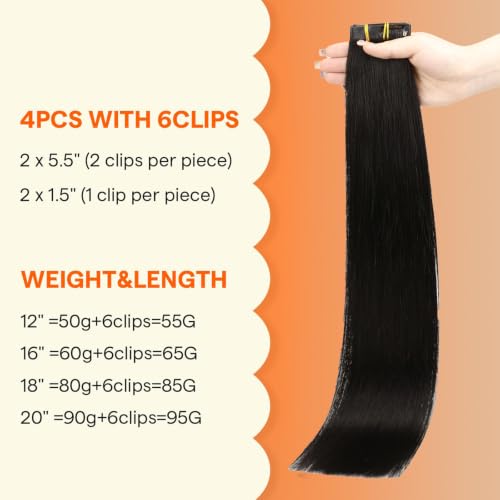 Image of Full Shine Clip in Hair Extensions, Natural Black, Part Line Coverage | Invisible PU Weft, 20 Inch 95g 4 Pcs, Added Length with Volume for Fine Hair