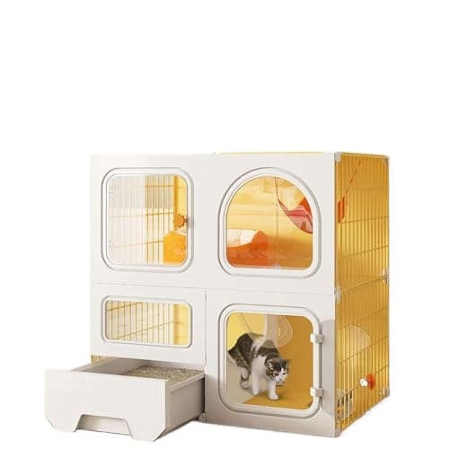 Conutoo 脱走防止多頭飼い対応大空間猫ケージ2/3段式拡張可能透明パネル&猫トイレ付き頑丈組立簡単 (70*35*70cm,イエロー)