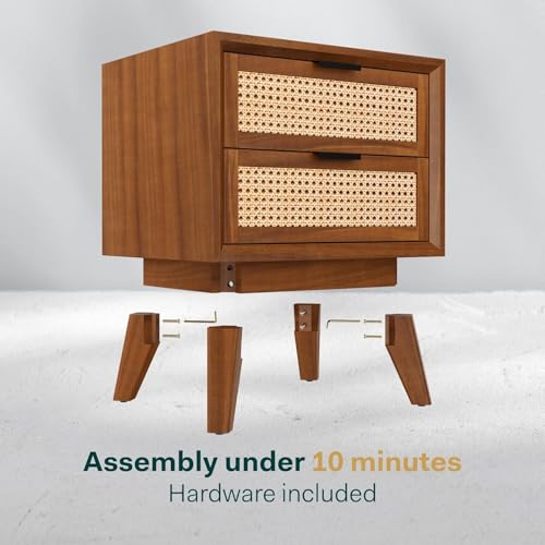 Image of Solid Wood Bedside Table with Rattan Drawers Mid Century Night Stand Cane Mid Century Modern Side Table with 2 Drawers-Multipurpose use for Living Room,Bedroom (Honey Finish)