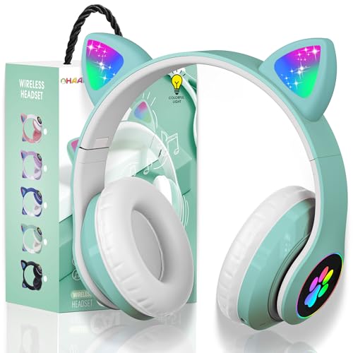 OHAANYY Auriculares para Niños Inalámbricos con Luz LED, Auriculares de Diademacon Orejas de Gato para Niñas, Bluetooth Plegables Auriculare con Micrófono para TV Regalo para Cumpleaños/Navidad (6)