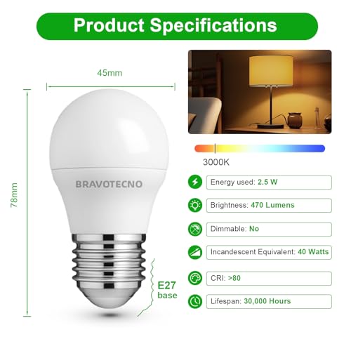 bravotecno E27 LED Glühbirne, Energieklasse B E27 LED Warmweiss, 3000K 2.5W 470LM G45/P45 Warmweiß Leuchtmittel Entspricht 40W… – Ansicht 2