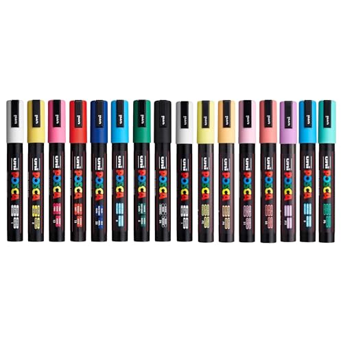 Image of POSCA PC-5M Marker | 1.8-2.5 mm Bullet Shaped Tip (Pastel & Blod Shades, Pack of 16)