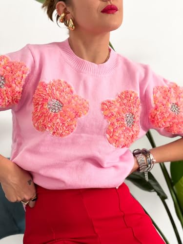 Image of Women Flower Knitted Sweater Elegant Crew Neck Summer Puff Short Sleeved Sweater Pullover Tops Pink, Small