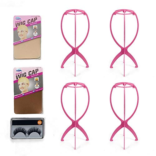 Wig Holder 4 PCS with 2Pcs Wig Caps Durable Display Wig Stand Collapsible Pink Color Wig Stand for Short WigsTravel Plastic for Women(13.8" Pink)