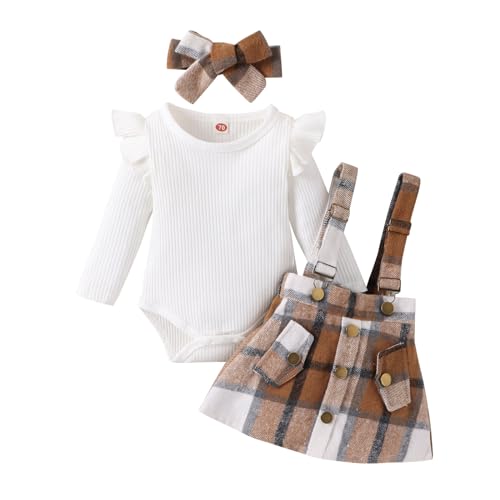 Douhoow Infant Girl Fall Outfits Baby Girl Romper Plaid Suspender Dress Skirt with Headband 3Pcs Festival Clothes