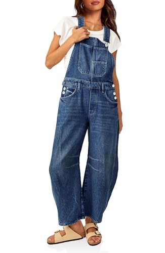 PLNOTME Womens Denim Bib Overalls Barrel Leg Adjustable Strap Jean Pants Jumpsuits with Pockets,Navy