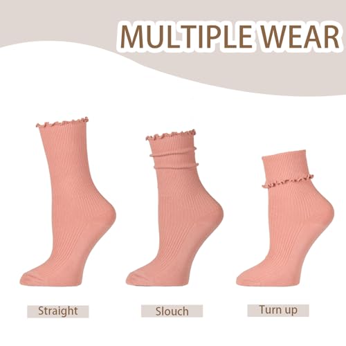6 Pairs Ruffle Socks for Women Cute Frilly Ankle Socks Solid Color Casual Dress Sock(3 Pairs Long + 3 Pairs Short)2