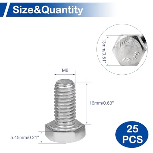 Image of MroMax 25Pcs M8-1.25 Hex Bolts, M8 x 16mm Hex Head Screws Bolts | 304 Stainless Steel 18-8, Fully Threaded, External Hex Drive, for Thin Plate Connection and Small Electronics Fixing