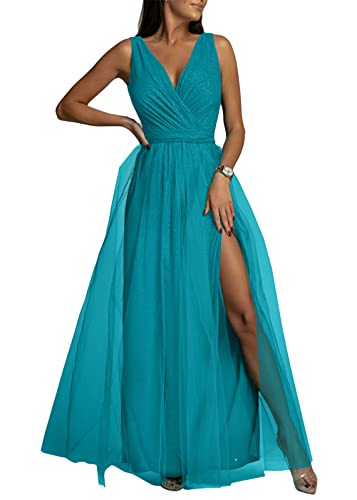 Tomwell Robe de Cocktail Femme Élégante Col en V Longue Party Dress Sexy Chic Tulle à Paillettes A-Line Soirée Couleur Unie B Bleu XXL