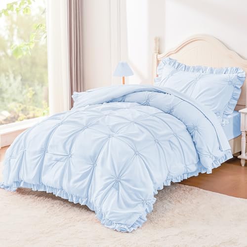 Image of Twin Comforter Set for Girls, Boho Pintuck Bedding Comforter Sets, 4 Pieces Ruffles Jacquard Embroidery Twin Bedding Sets with Comforter, Fitted Sheet, Flat Sheet and Pillowcase, Blue