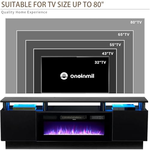 oneinmil Modern Fireplace TV Stand with 36" Electric Fireplace for TVs Up to 80 inch, LED Light Entertainment Center with High Gloss Cabinet, TV Stand for Living Room, Black