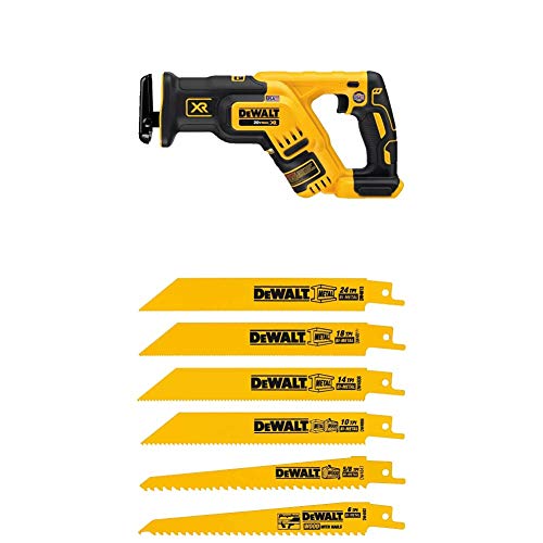 DEWALT DCS367B 20V Max XR Brushless Compact Reciprocating Saw, (Tool Only) and DW4856 Metal/Woodcutting Reciprocating Saw Blade Set, 6-Piece