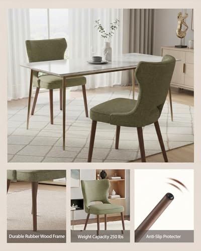 Image of Wooden Dining Chairs Set of 2, Farmhouse Dining Room Chairs with Solid Wood Legs, Mid Century Fabric Kitchen Chairs, Upholstered Chair for Restaurant & Cafe- Green