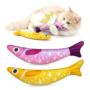 Catnip Toys for Indoor Cats with 5000mg Natural 2 Pack Fish Cat Toys with Hidden Bell Interactive Chew Kicker Toy with Crinkle Paper for Kitten Exercise Yellow Purple