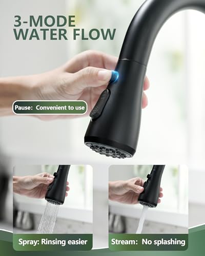 Black Kitchen Faucet with Pull Down Sprayer, VFAUOSIT Industrial Commercial Stainless Steel Single Handle Single Hole 3 Hole RV Laundry Pull Down Pull Out Gooseneck Kitchen Sink Faucets Matte Black - Thumbnail 4