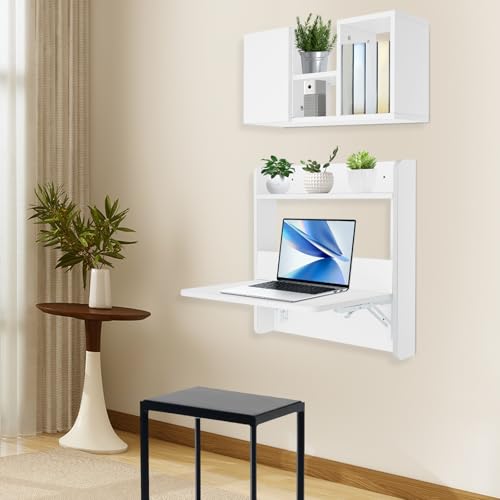 LuYuLTONG Floating Desk, 36’’H Wall Mounted Desk, Solid Wood Fold Down Laptop Desk with Foldable Tabletop, Folding Table Workstation with Storage Shelves&Door(White)