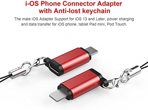2PACK Red USB C Female Adapter to i-OS Male Connector with Anti-lost Keychain Made of Aluminum. Support Charging and Data Transfer Compatible for i-OS Phone, Pad Mini and Pod Touch.